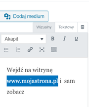 alt-zdjęcie przedstawiające okno edycji w WordPress oraz podświetlone łącze www.mojastrona.pl