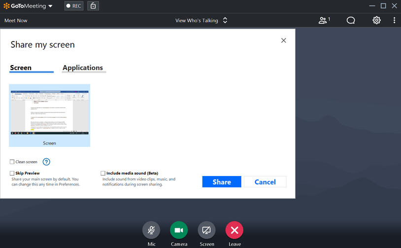 alt-opcje udostępniania ekranu w aplikacji gotomeeting