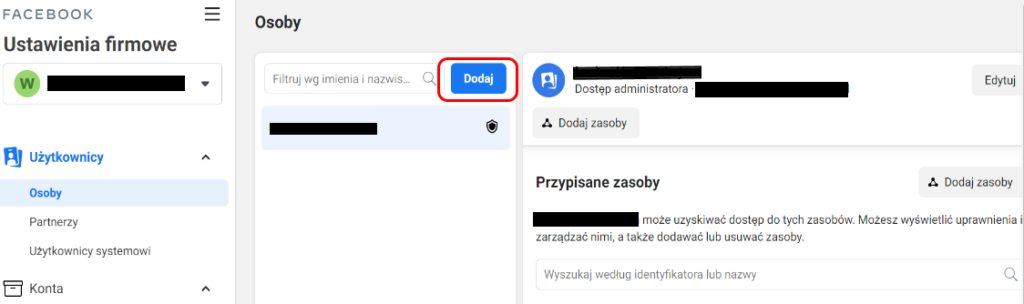 okno pokazujące jak dodać osobę do naszego konta firmowego na facebooku
