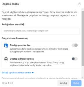 pop up przedstawiający jak dać dostęp osobie do konta firmowego