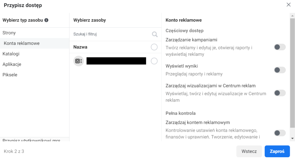 pop up przedstawiający opcje w menadżerze firmy